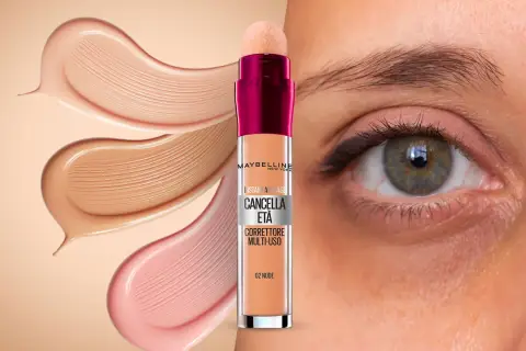 Correttore Maybelline per un trucco sotto gli occhi impeccabile. Diverse tonalità di fondotinta e un occhio che mostra la sua efficacia.