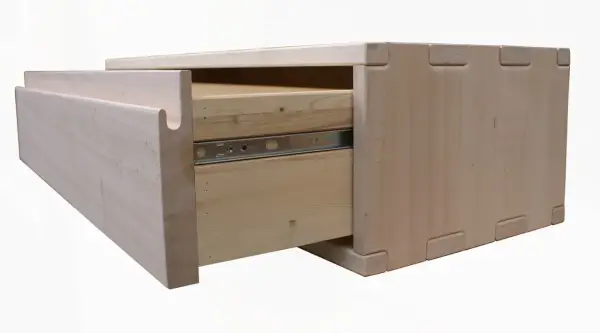 Cassetto in legno con guide metalliche a vista, pronto per sostituire guide cassetti in legno.